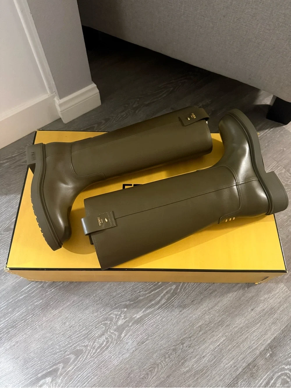 Fendi Filo Olive Green Knee High Leather Boots with Gold Accents Size 38